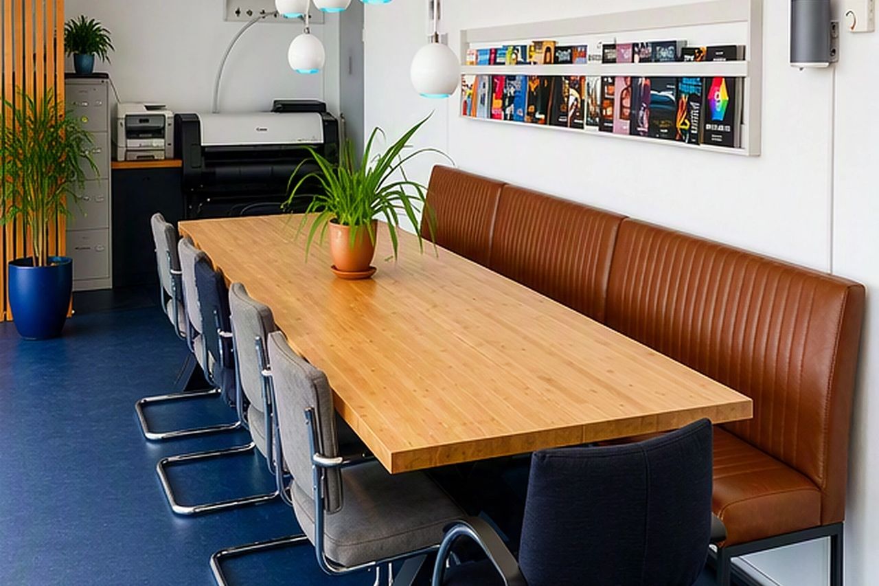 The OnModus meeting room: a long wooden table with a leather bench along the wall, on a blue floor, next to a slatted wood partition.