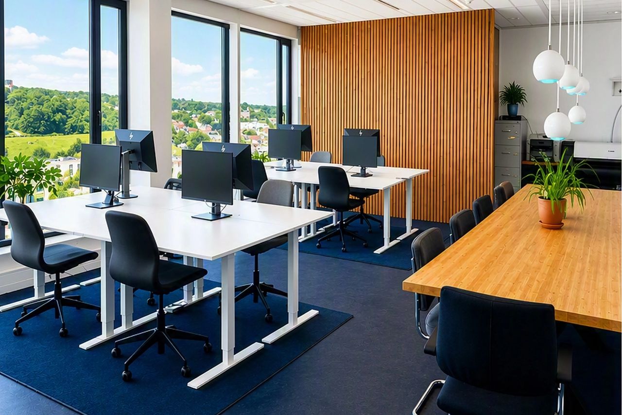 The OnModus training room in WTC Arnhem: height-adjustable desks with monitors on a blue floor, a long wooden table, and windows looking out over green countryside.